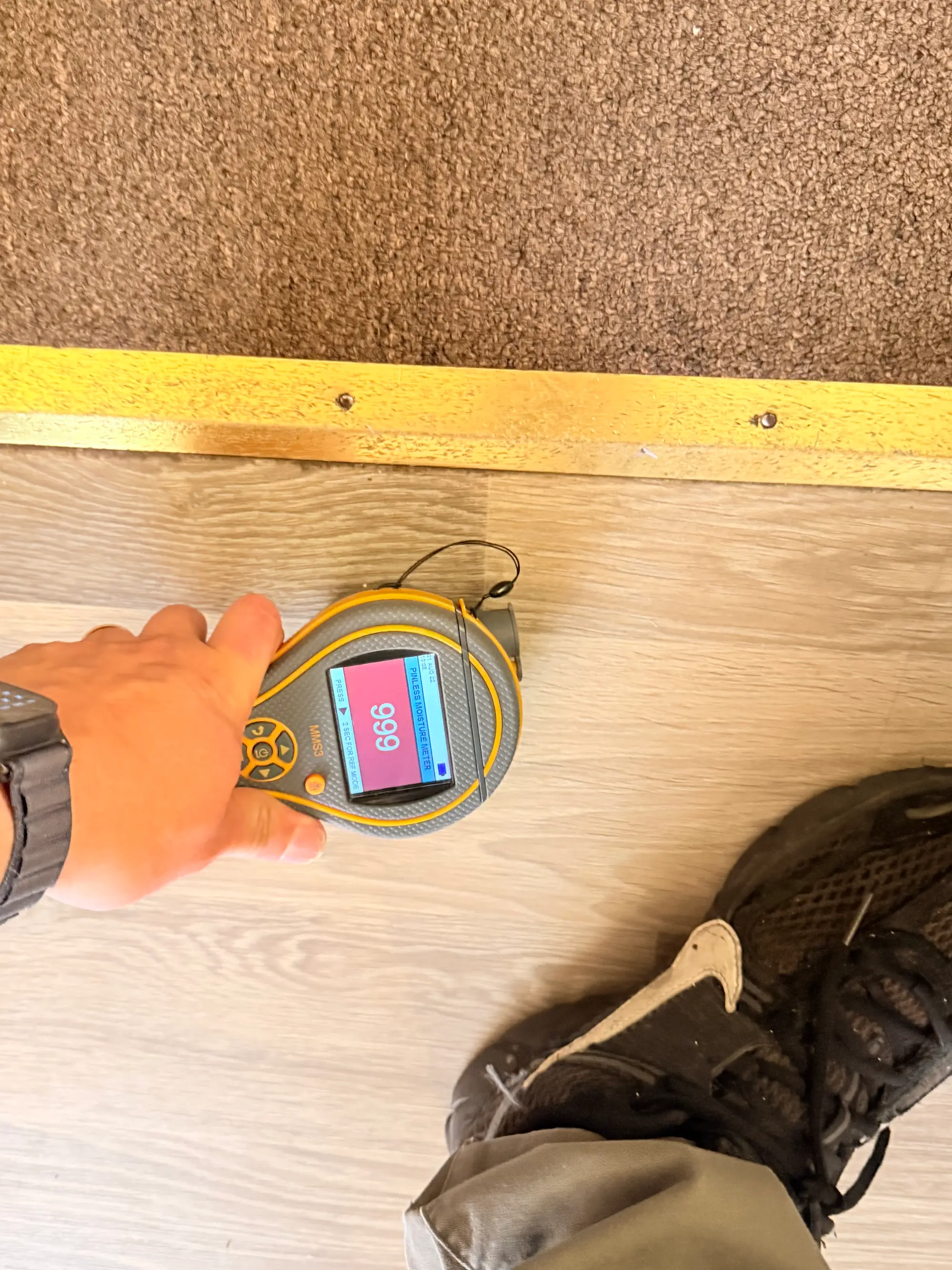 Moisture meter checking a floor for trapped water after a leak